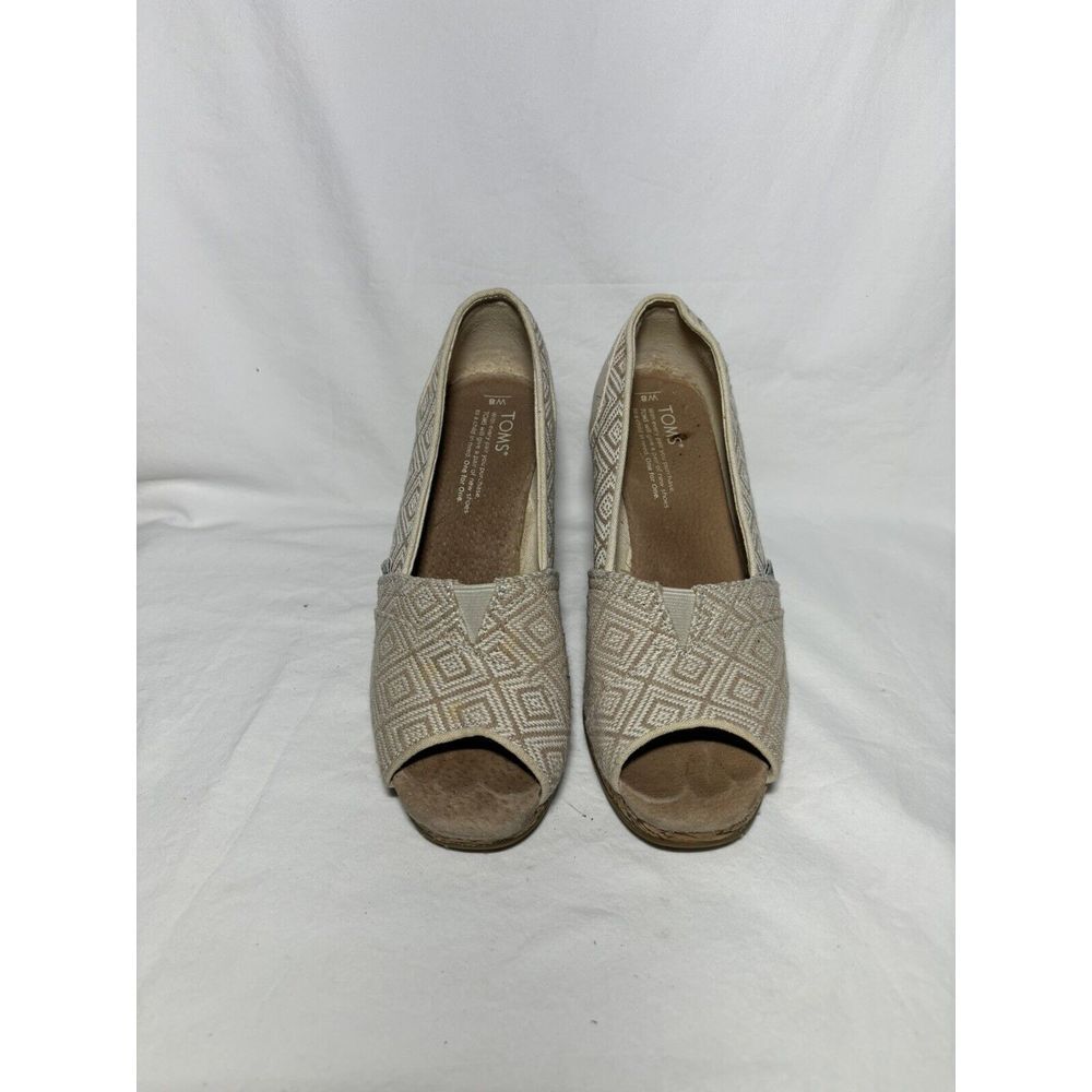 TOMS Tan Canvas Wedge Heel Shoes Open Peep Toe Cork Heel Size 8‎ EUC S6